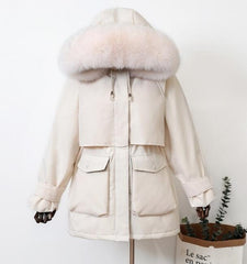 Large Natural Raccoon Fox Fur Hooded Winter White Jacket Warm Parkas Female Outerwear