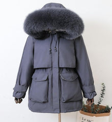 Large Natural Raccoon Fox Fur Hooded Winter White Jacket Warm Parkas Female Outerwear