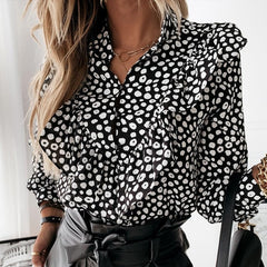 Ruffled Polka Dot Print Women's Blouses Autumn Single Breasted Long Sleeve Female Blouse 2021 Elegant Office Ladies Tops Clothes