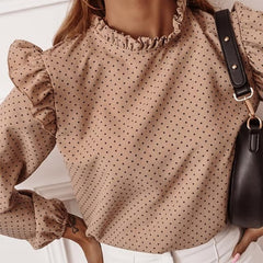 Ruffled Polka Dot Print Women's Blouses Autumn Single Breasted Long Sleeve Female Blouse 2021 Elegant Office Ladies Tops Clothes