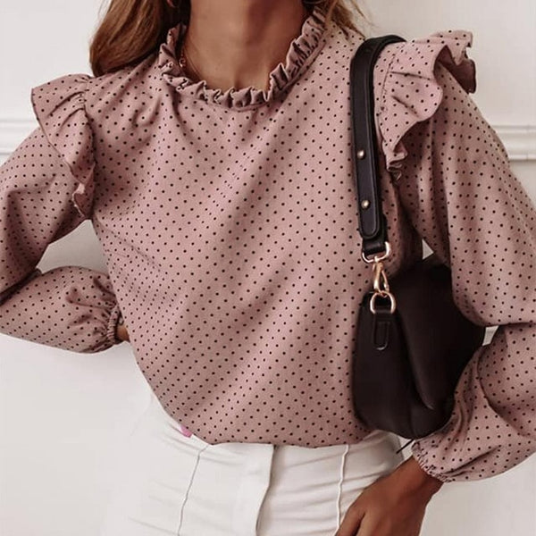 Ruffled Polka Dot Print Women's Blouses Autumn Single Breasted Long Sleeve Female Blouse 2021 Elegant Office Ladies Tops Clothes